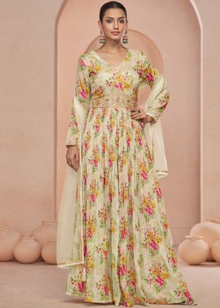 Cream Floral Print Anarkali Suit Set