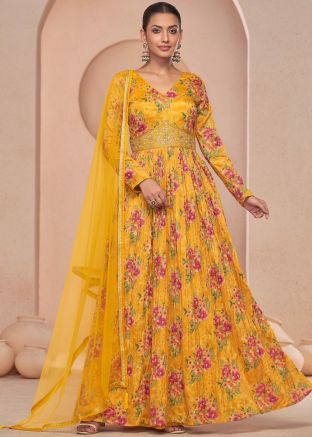 Yellow Floral Print Anarkali Suit Set