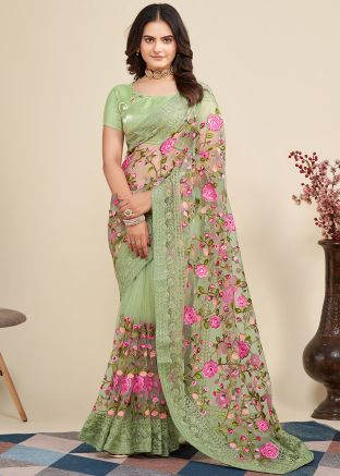 Green Embroidered Saree In Net