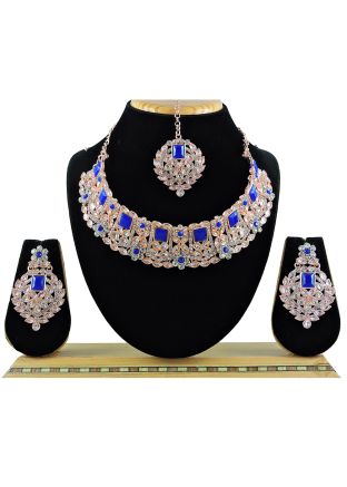 Blue Stone Studded Necklace Set With Mangtikka