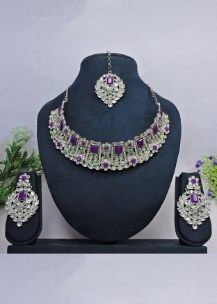 Purple Stone Studded Necklace Set