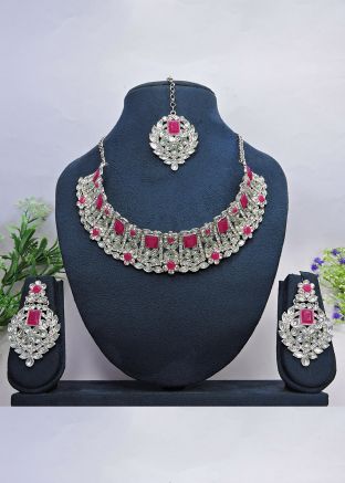 Crimson Red Necklace Set In Stone Work