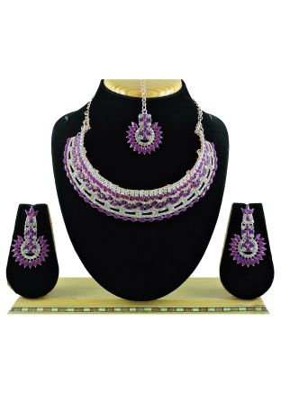 Purple Stone Studded Necklace Set With Mangtikka