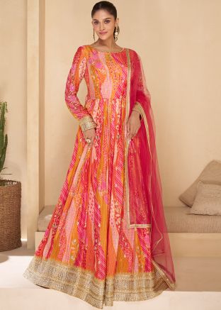 Pink Printed Anarkali Suit Set