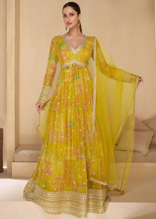 Yellow Printed Anarkali Suit Set