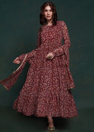 Readymade Maroon Printed Anarkali Suit & Dupatta