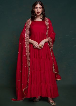Readymade Red Anarkali Suit With Embellished Dupatta