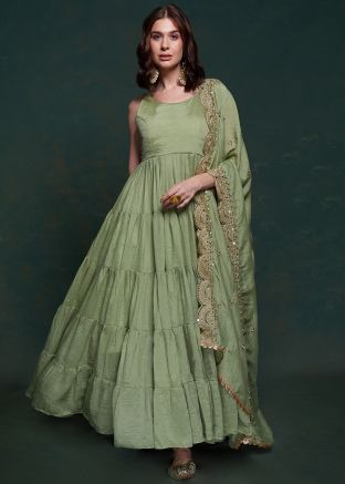 Readymade Green Anarkali Suit With Embellished Dupatta