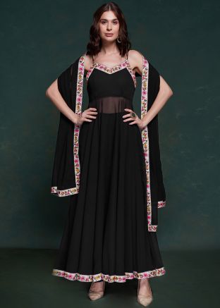 Readymade Black Embroidered Anarkali Suit Set