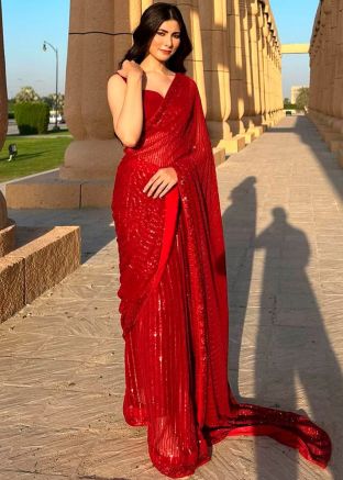 Red Georgette Sequins Embellished Saree