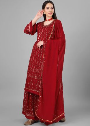 Maroon Embroidered Palazzo Suit Set