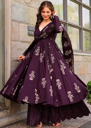 Purple Printed Readymade Muslin Cotton Anarkali Suit