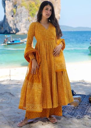 Yellow Readymade Muslin Cotton Anarkali Suit In Print