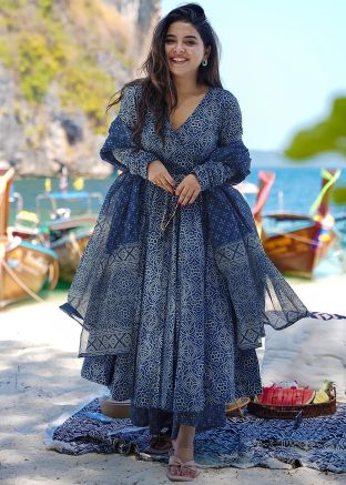 Blue Readymade Printed Muslin Cotton Anarkali Suit Set