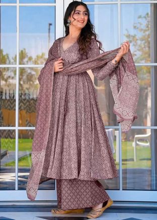 Readymade Print Muslin Cotton Anarkali Suit In Baby Purple