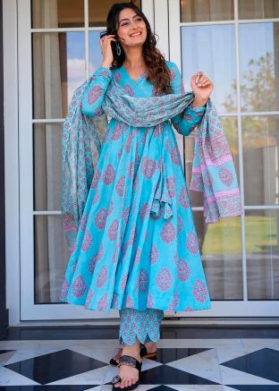 Electric Blue Readymade Muslin Cotton Anarkali Suit In Print