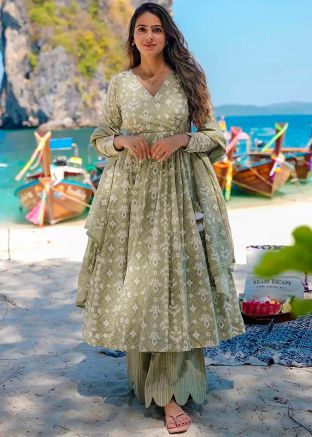 Sage Green Print Readymade Muslin Cotton Anarkali Suit
