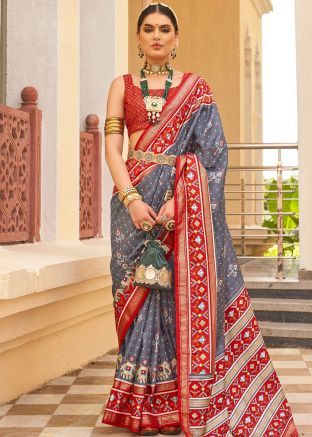 Grey Patola Printed Saree In Art Silk