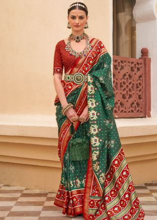 Green Art Silk Saree In Patola Print
