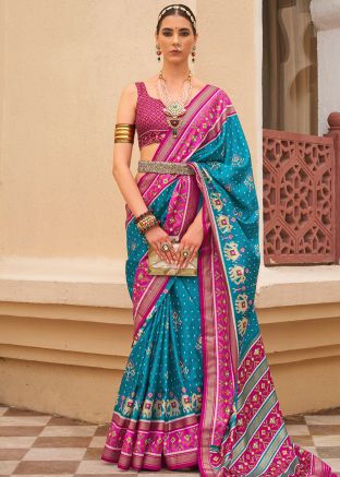 Blue Printed Art Silk Saree & Blouse