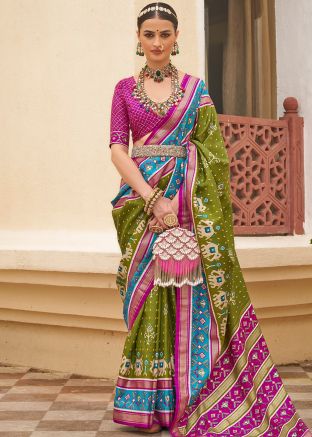 Green Art Silk Saree In Patola Print