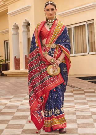 Blue Printed Art Silk Saree & Blouse
