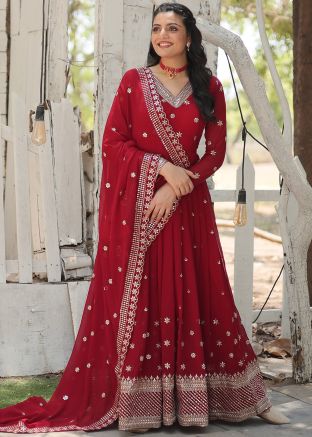 Readymade Maroon Embroidered Anarkali Suit