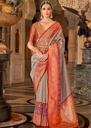 Silver Zari Woven Saree In Banarasi Silk