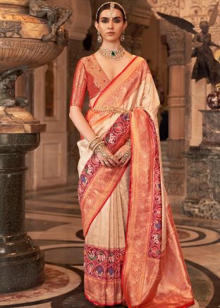 Cream Zari Woven Saree In Banarasi Silk