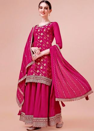 Pink Thread Embroidered Chiffon Gharara Suit