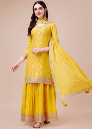 Yellow Thread Embroidered Gharara Suit In Chiffon