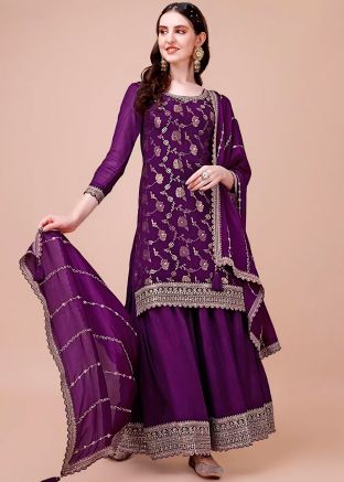 Purple Chiffon Gharara Suit In Thread Embroidery
