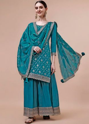 Blue Thread Embroidered Chiffon Gharara Suit