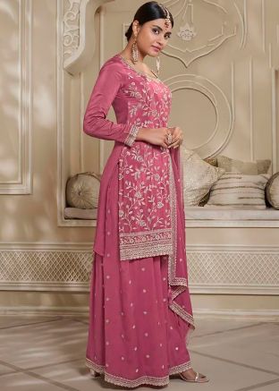 Pink Georgette Gharara Suit In Embroidery