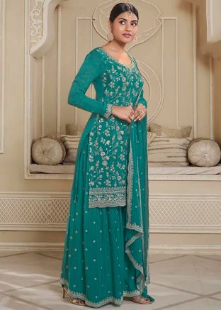 Pine Green Embroidered Georgette Gharara Suit