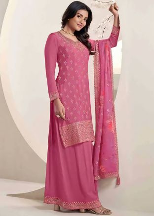 Georgette Embroidered Gharara Suit In Pink
