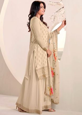 Cream Embroidered Gharara Suit In Georgette