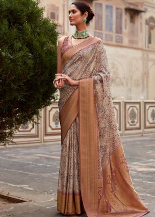 Cream Printed Crape Saree & Blouse