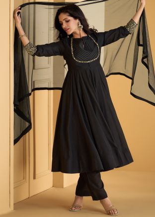 Readymade Black Embroidered Anarkali Suit Set