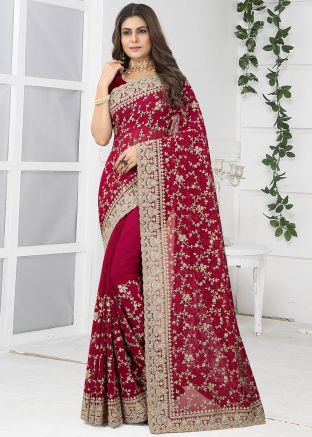 Red Embroidered Pallu Georgette Saree