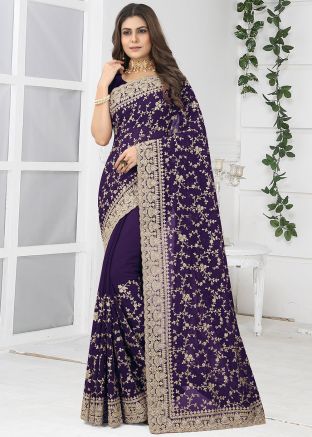 Purple Georgette Saree In Dori Embroidery