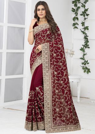 Maroon Embroidered Border Georgette Saree