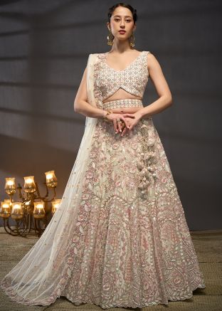Cream Embroidered Lehenga Choli In Net