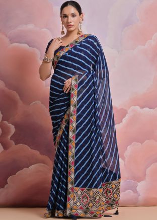 Blue Leheria Printed Georgette Saree
