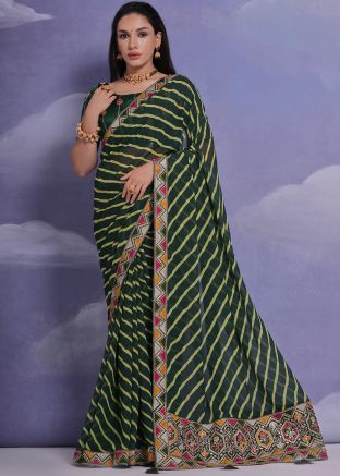 Green Georgette Saree In Leheria Print