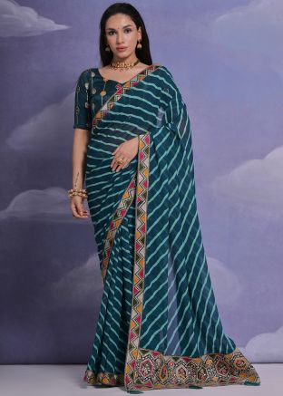 Teal Blue Leheria Print Georgette Saree