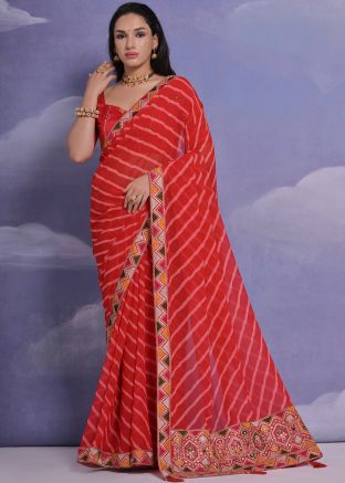 Red Embroidered Border Georgette Saree