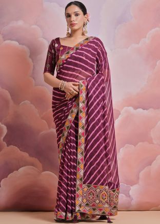Wine Embroidered Border Saree In Georgette
