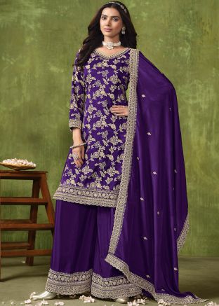 Purple Zari Woven Palazzo Suit In Art Silk