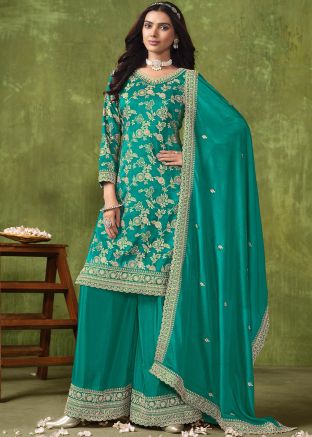 Pine Green Art Silk Palazzo Suit In Zari Work